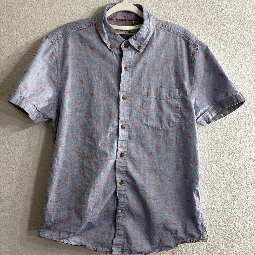 Sovereign Code Men Blue Short-Sleeve Button-Down Shirt with Pink Flamingos Small